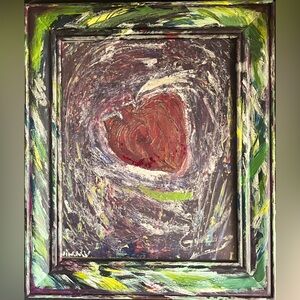 Abstract Red Heart Painting with Green, Yellow & Purple Accents